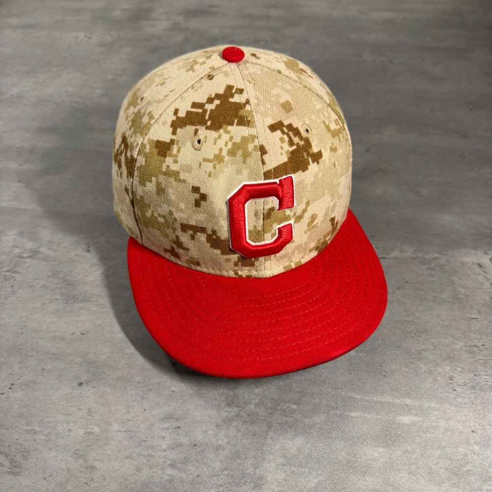 New Era Cleveland Guardians 59FIFTY Hat 7 3/8 Tan Red Digital Camo USMC 2014